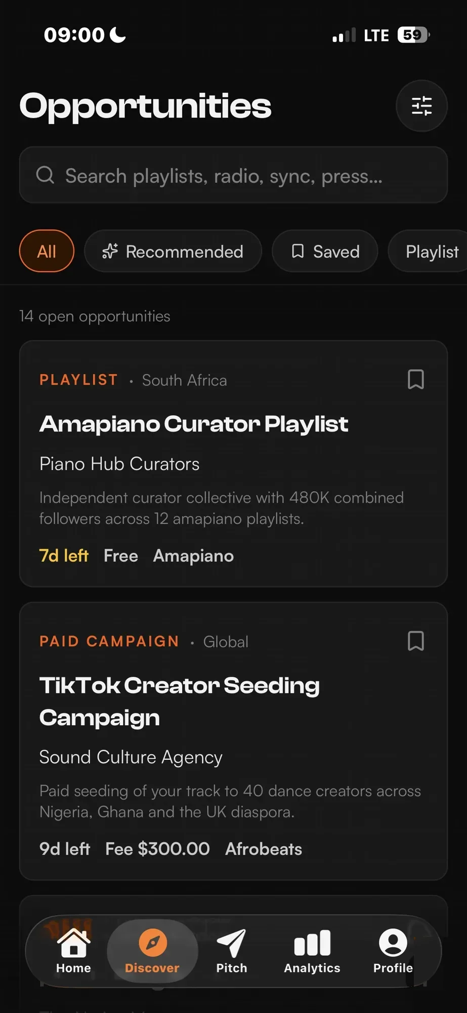 Pitchally app — opportunities feed with playlist and campaign briefs